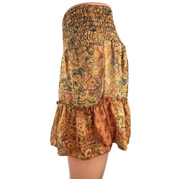 Perry Walker Collective Multi Paisley Silk Satin Ruffle Smocked A-Line Skirt S - Picture 2 of 6